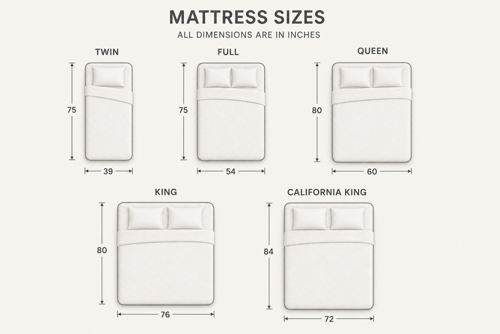 Top-view comparison chart of Twin, Full, Queen, King, and California King mattress sizes with dimensions in inches.