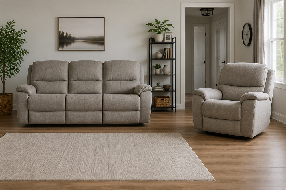 Living room with a recliner sofa on one side and a recliner chair on the other.