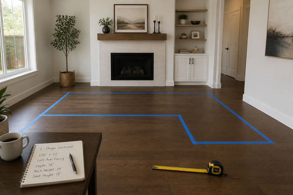Living room floor marked with painter's tape showing a sectional sofa footprint beside a tape measure and notepad
