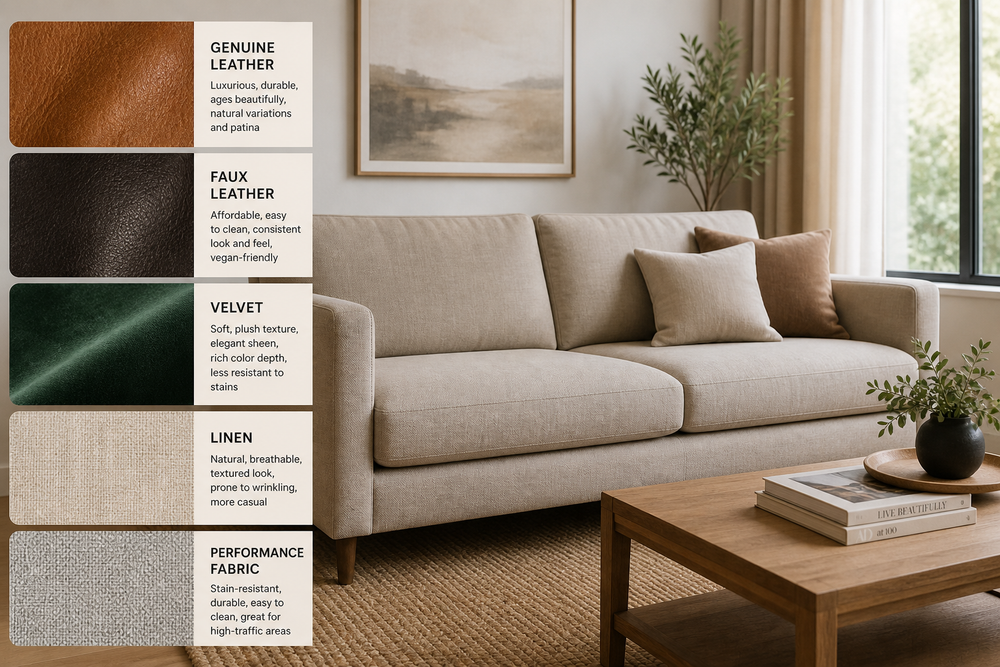Five sofa upholstery material samples next to a neutral sofa: leather, faux leather, velvet, linen, and performance fabric.
