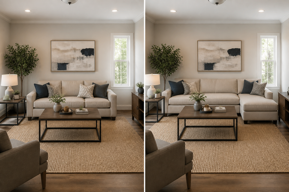 Living room showing a sofa on one side and a sectional on the other for comparison