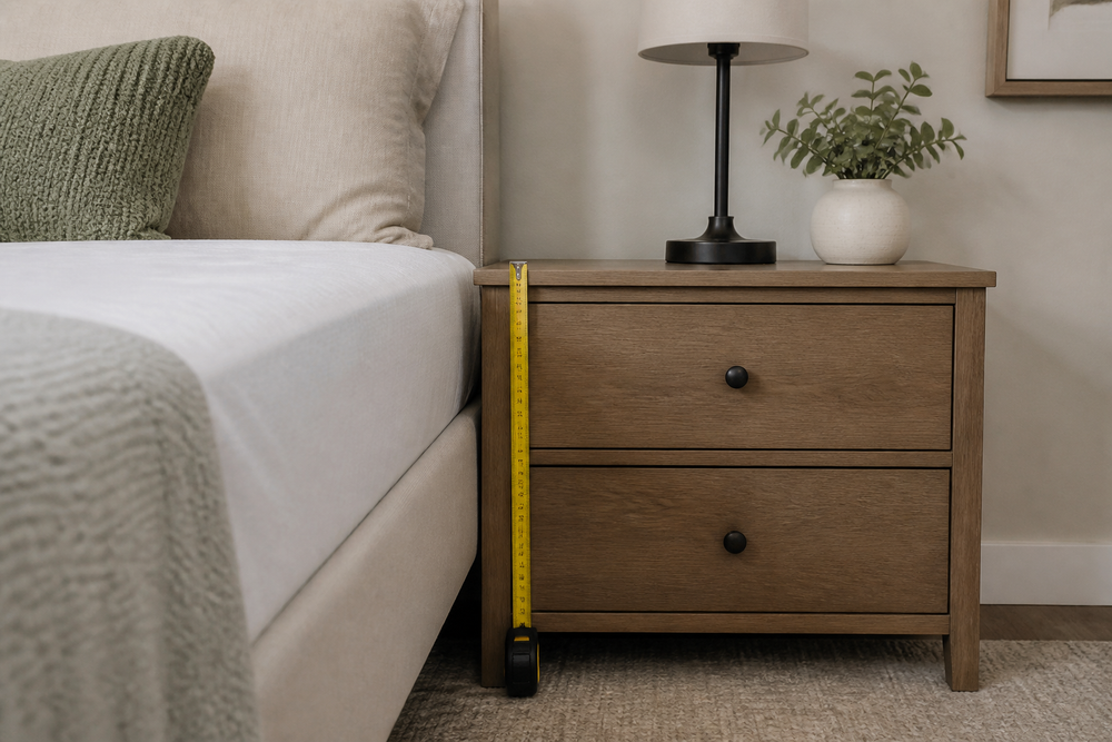 A bed and nightstand with the tabletop aligned close to the top of the mattress.