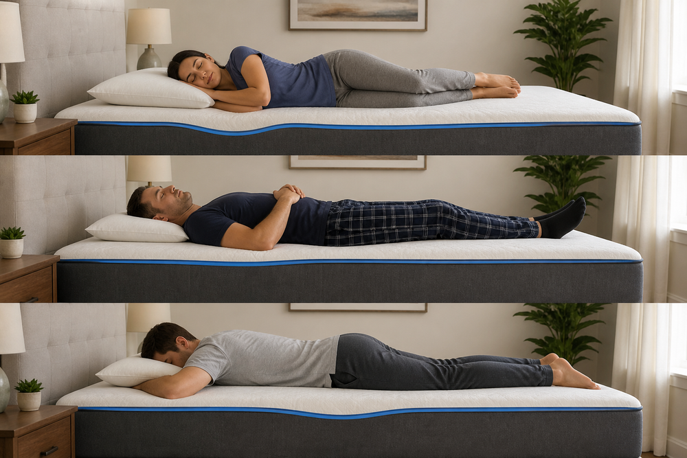 Three sleeping positions shown on a mattress: side sleeping, back sleeping, and stomach sleeping