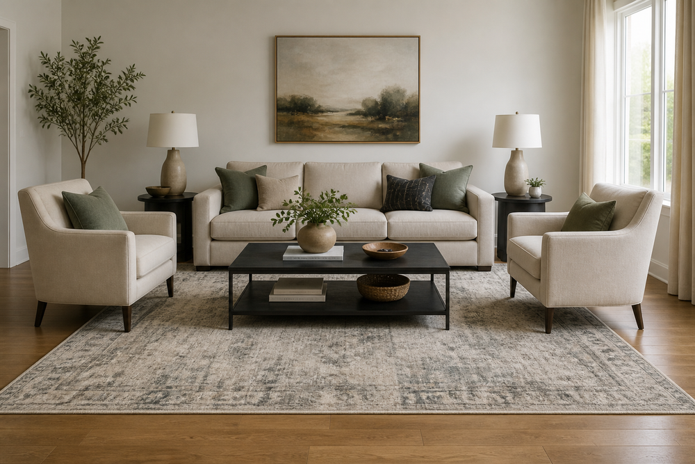 Living room with sofa, chairs, coffee table, and a large area rug placed under the front legs of the seating.