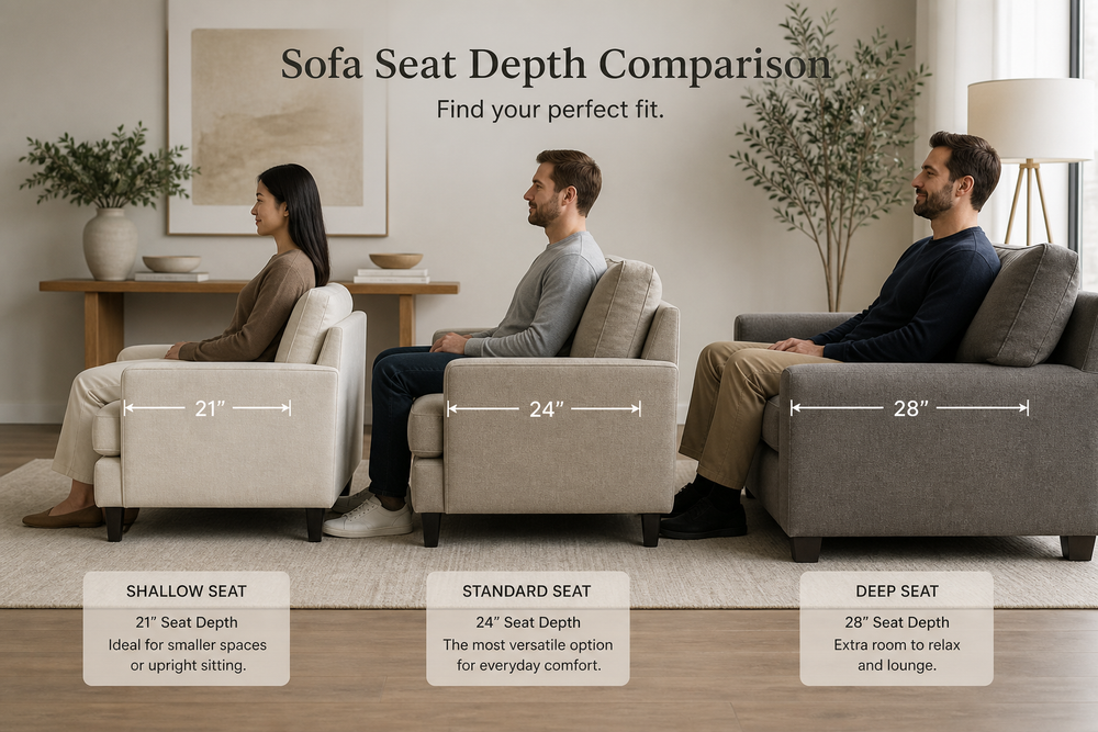 Three sofas with different seat depths shown from the side with seated adults of different heights.