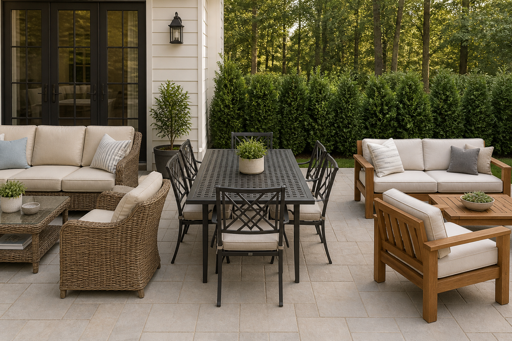 Outdoor patio furniture grouping with wicker seating, metal chairs, and wood lounge pieces on a patio