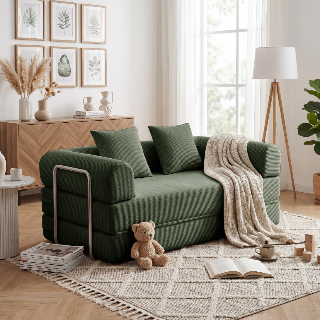59'' Convertible Compressed Corduroy Folding Cloud Sofa Bed, Modern Boneless Pull Out Loveseat Sleeper in a Box, 4 in 1 Floor Mattress Futon Cloud Couch, No Assembly Needed, Green, 2 Pillows, Queen