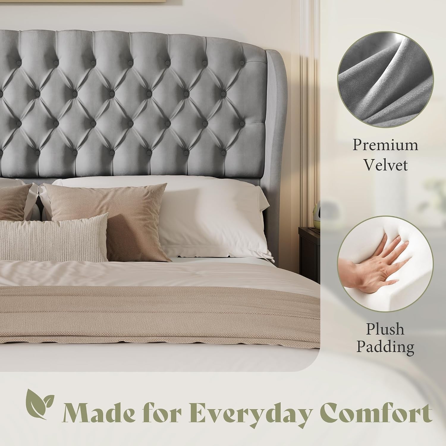 Front view of a gray tufted wingback headboard styled on a made bed with pillows