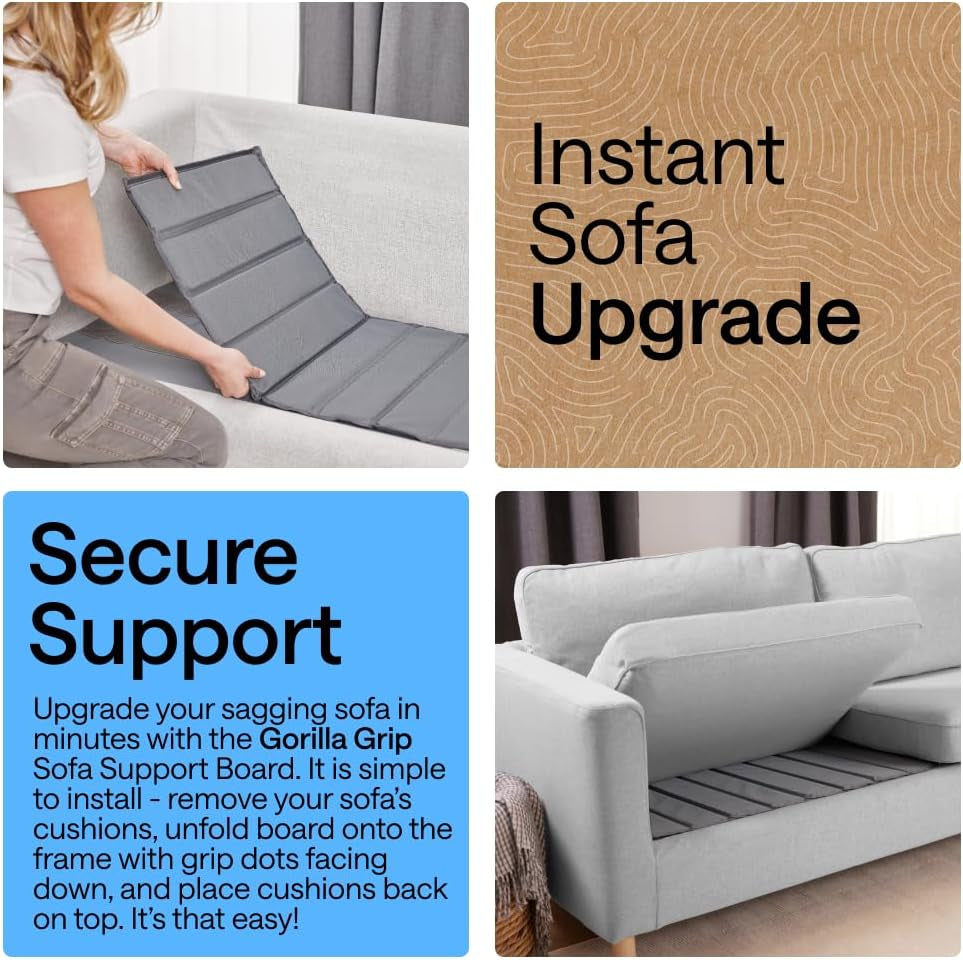Person unfolding a grey foldable sofa support board into the seat area of a light-colored couch