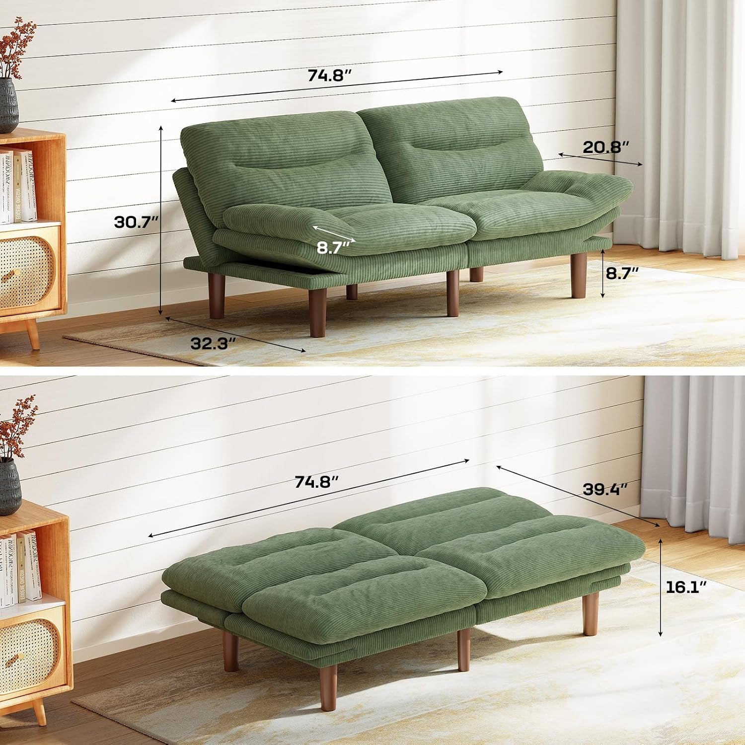 Corduroy futon shown in sofa and flat bed positions with dimension callouts on a light wood floor