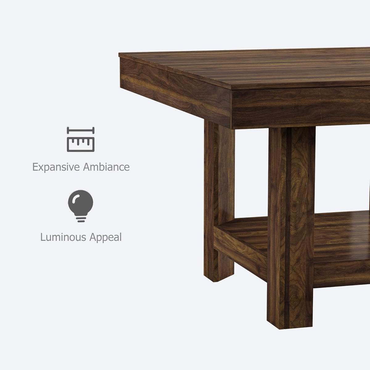Right-front close-up of the tabletop edge, two square legs and the lower shelf against a pale background