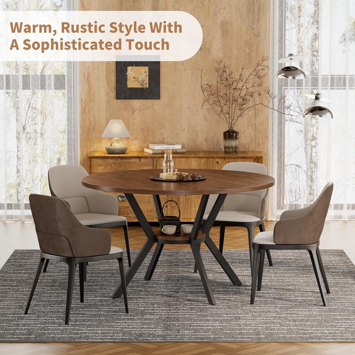Rustic-styled dining room view of the round table with wood-finish top and black metal legs