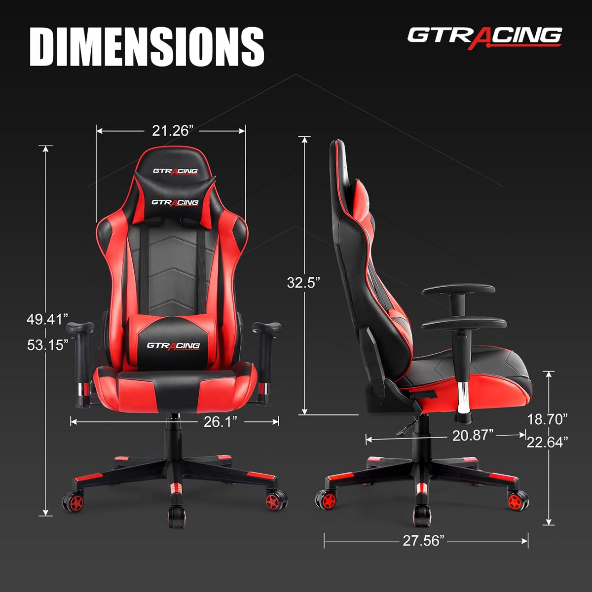 Front and side views of a red and black gaming chair with measurement overlay showing seat and back dimensions
