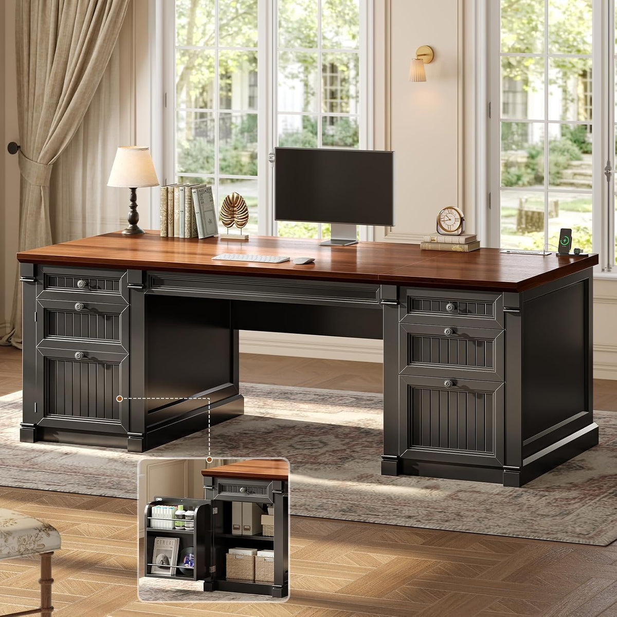 Black desk base with reddish wood top, monitor and decorative clock on surface; inset highlights internal shelving.