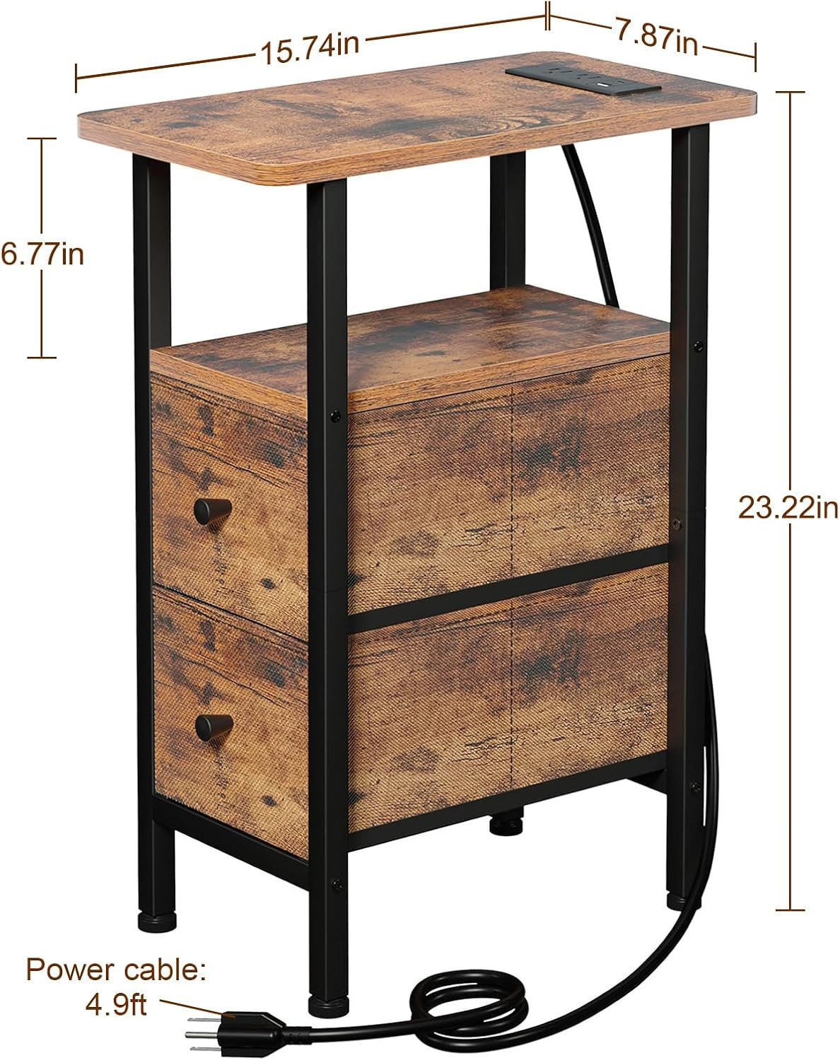Front view of the narrow table with measurement lines and a visible power cord coiled at the base.