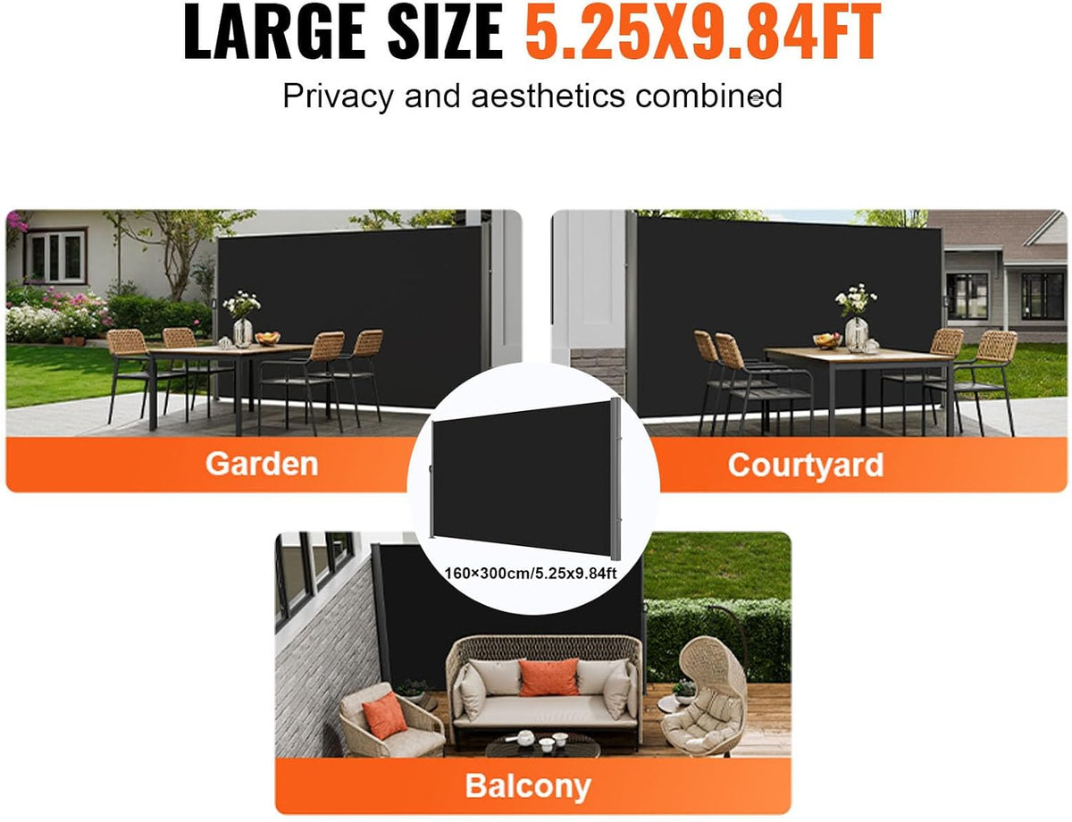 Collage showing the black awning in garden, courtyard and balcony settings labeled 5.25 x 9.84 ft