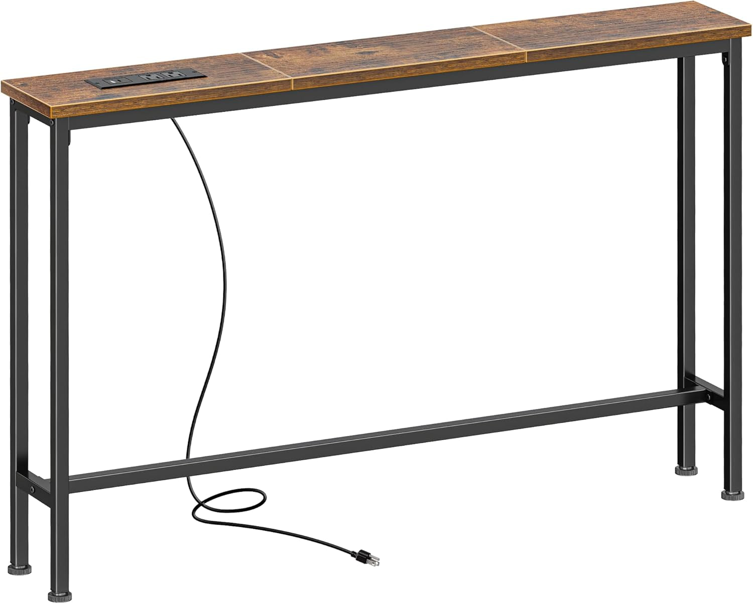 Slim console table with distressed brown wood top, black metal frame and visible power cord