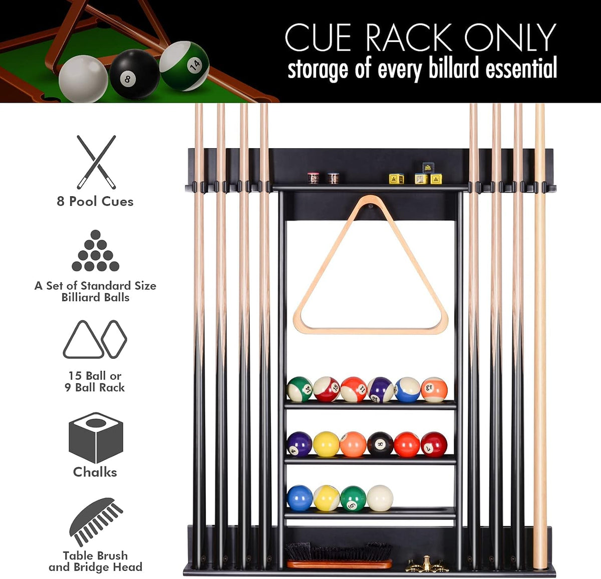 Close frontal shot with icons and callouts showing eight cues, ball racks, chalks and table brush accessories.