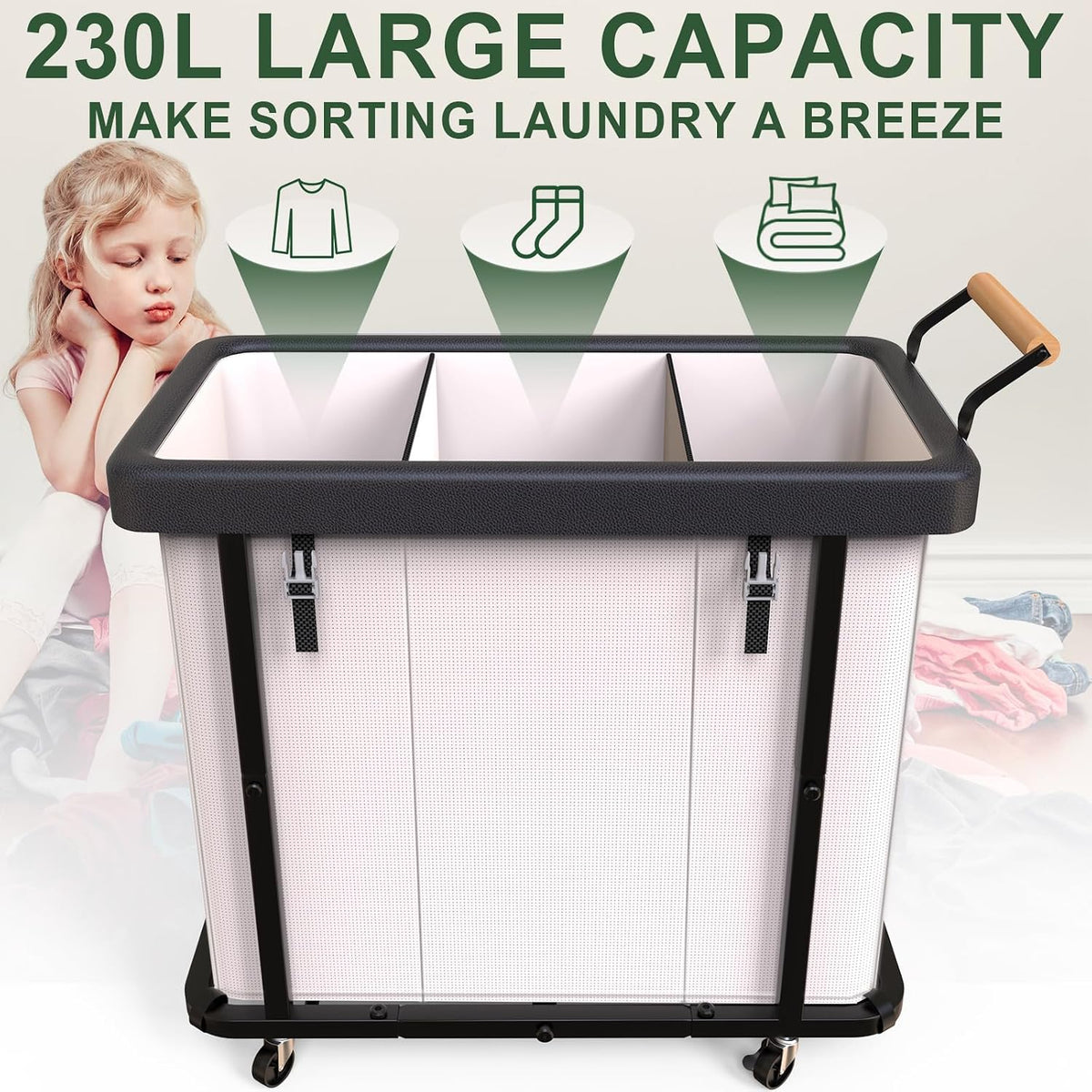 Top view of three-section laundry sorter showing the three interior compartments and a 230L capacity label