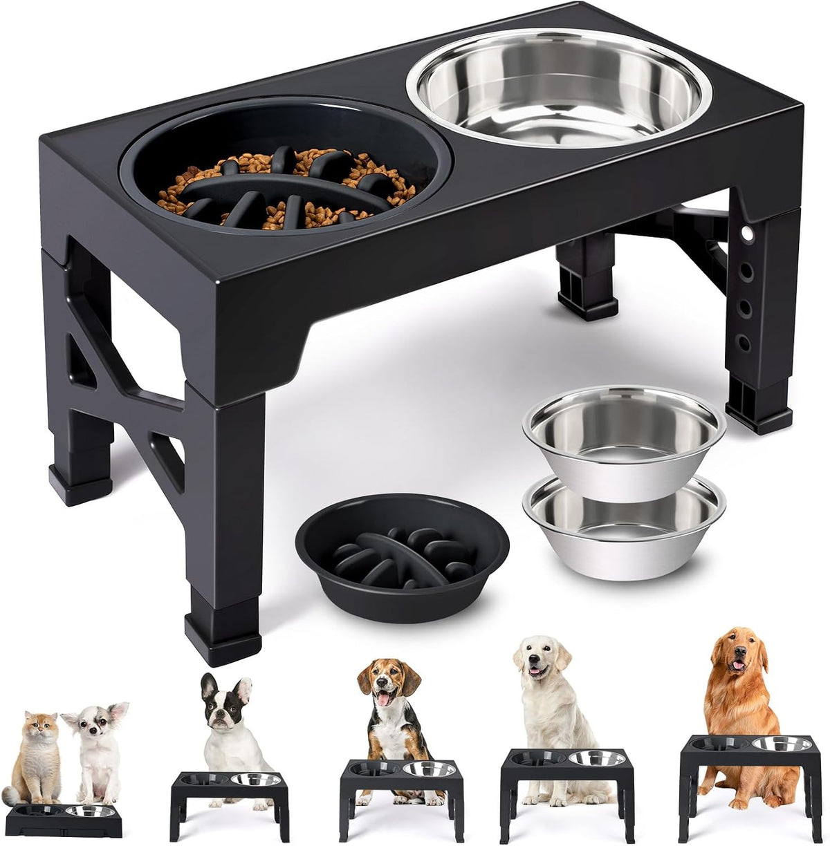 Black elevated feeding stand angled close-up with a stainless bowl in one slot and a slow-feeder bowl of kibble in the other