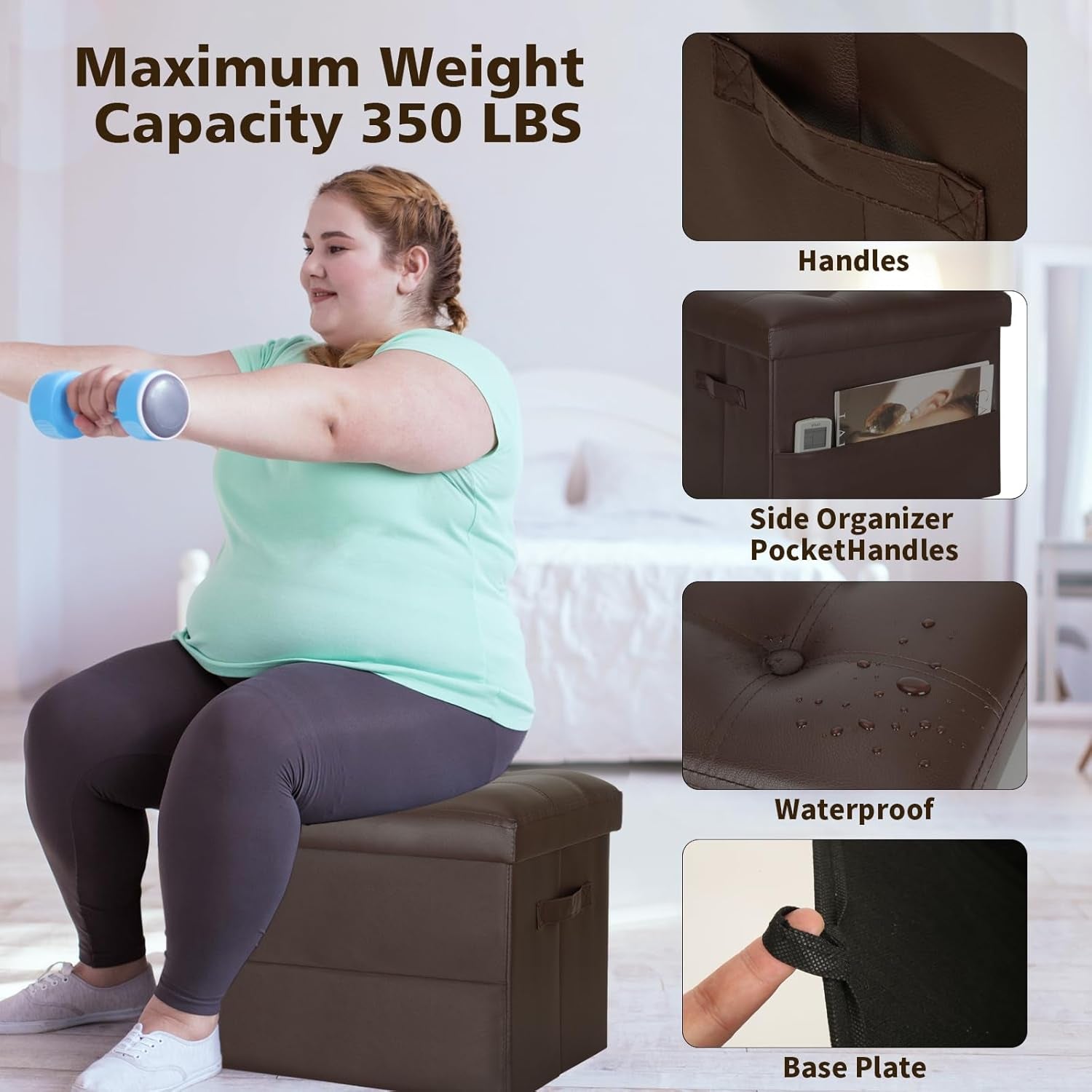 Graphic highlighting 350 lbs capacity with close-ups of handles, side pocket and waterproof surface