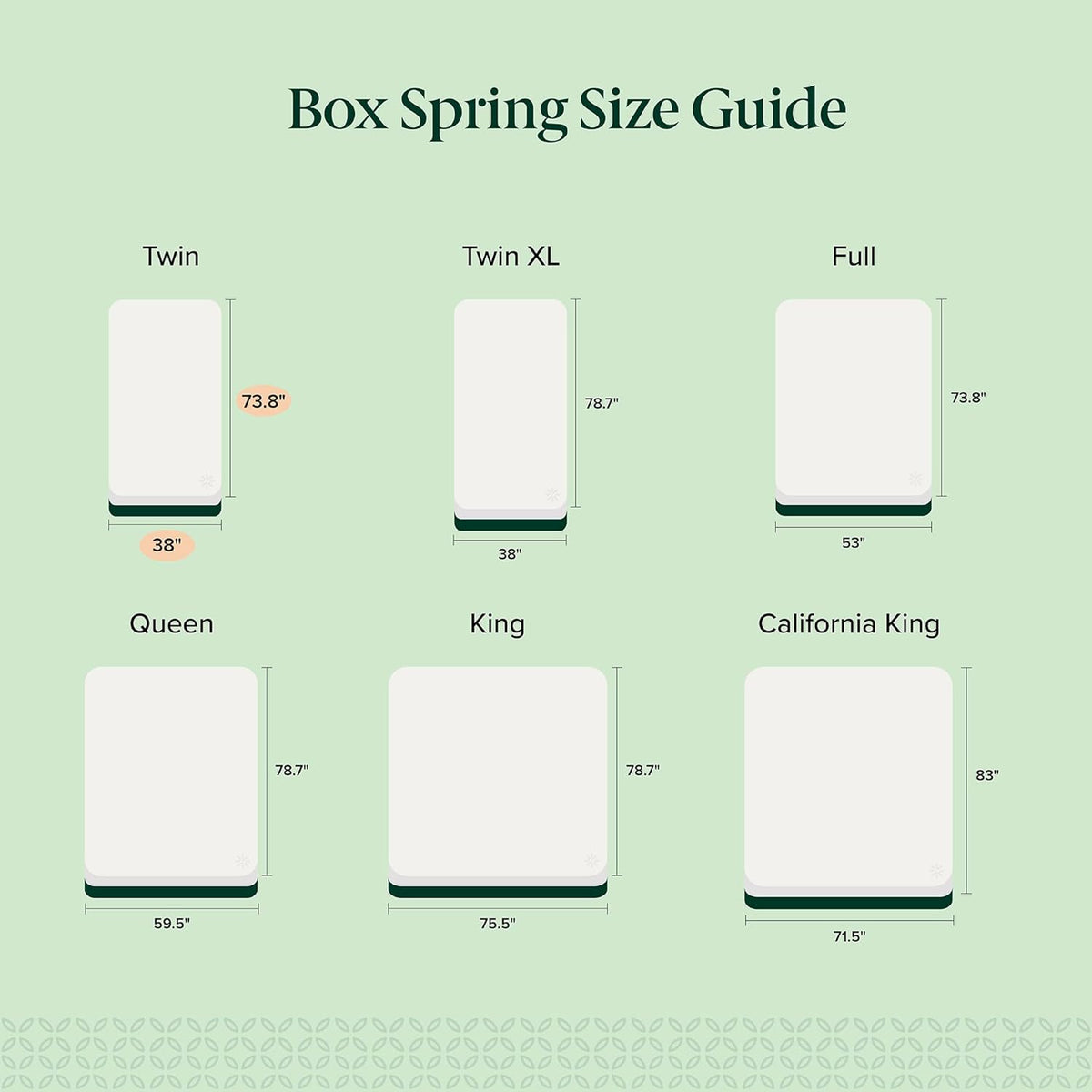 Illustrated size guide showing six mattress sizes and their width/length dimensions