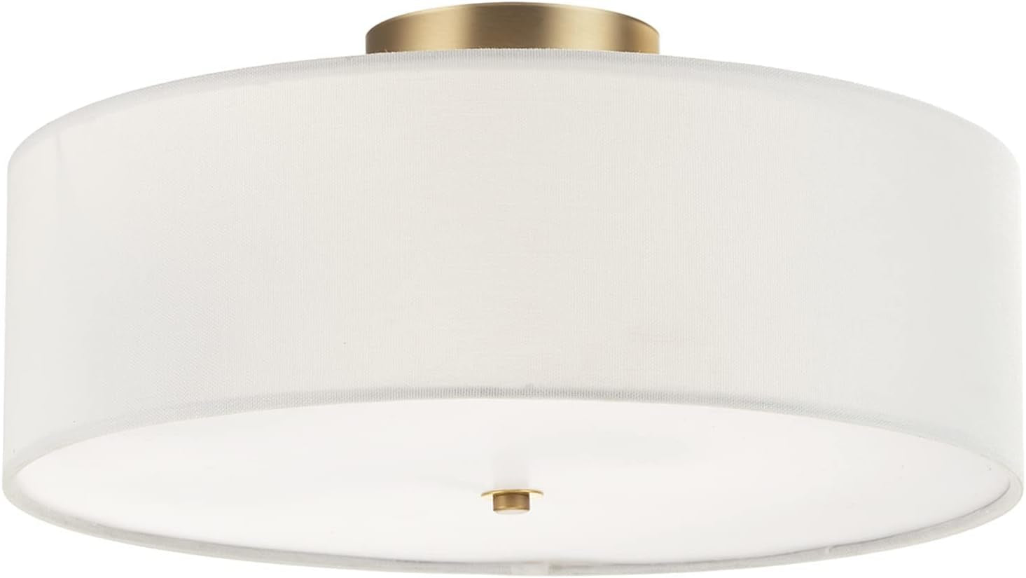 White fabric drum shade with matte brass canopy shown close-up and underside diffuser visible