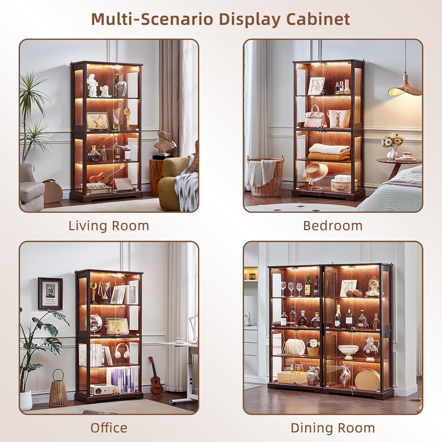 Four small scenes showing the cabinet placed in living room, bedroom, office, and dining room setups.