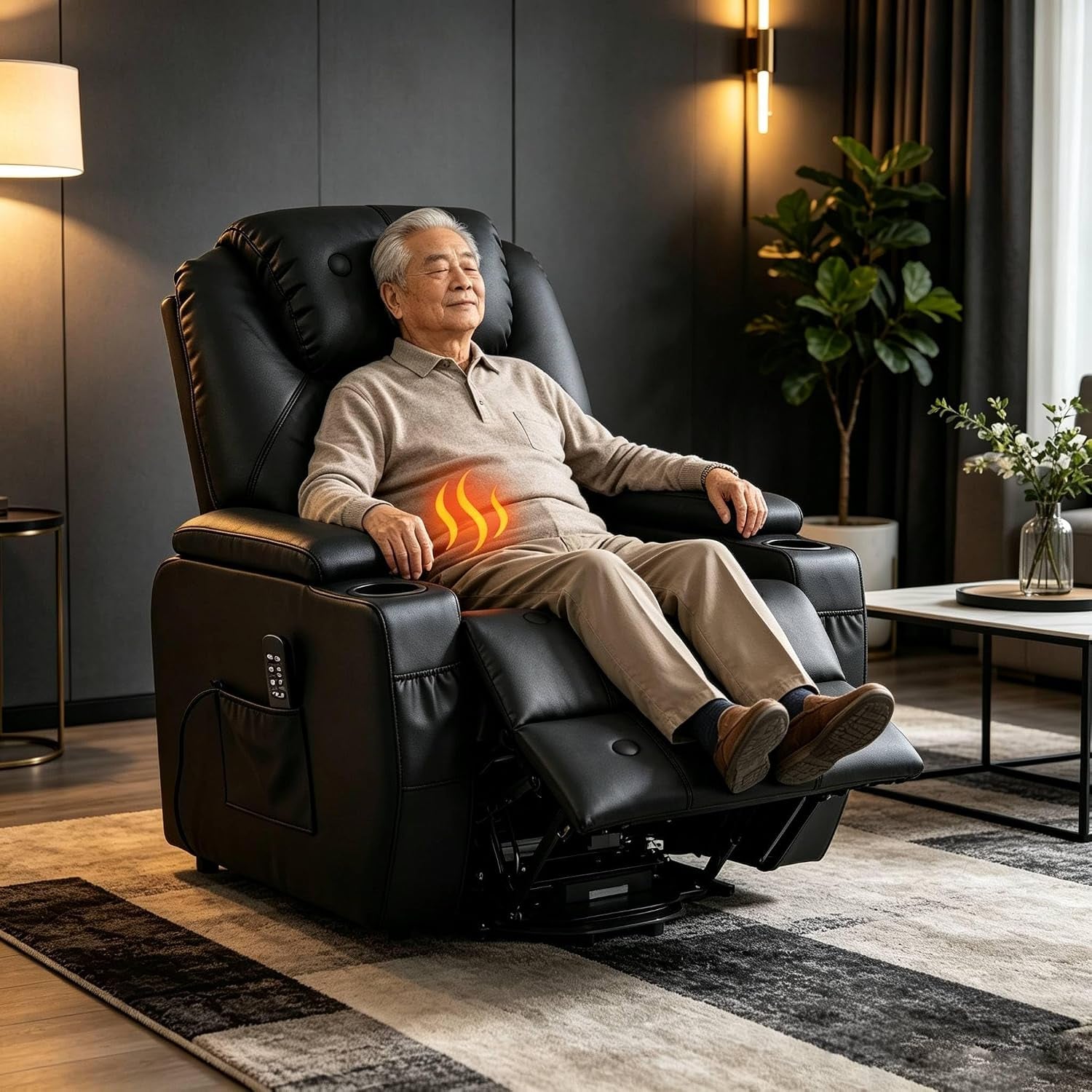 An elderly man reclining comfortably in a black power lift chair in a living room with warm lighting.