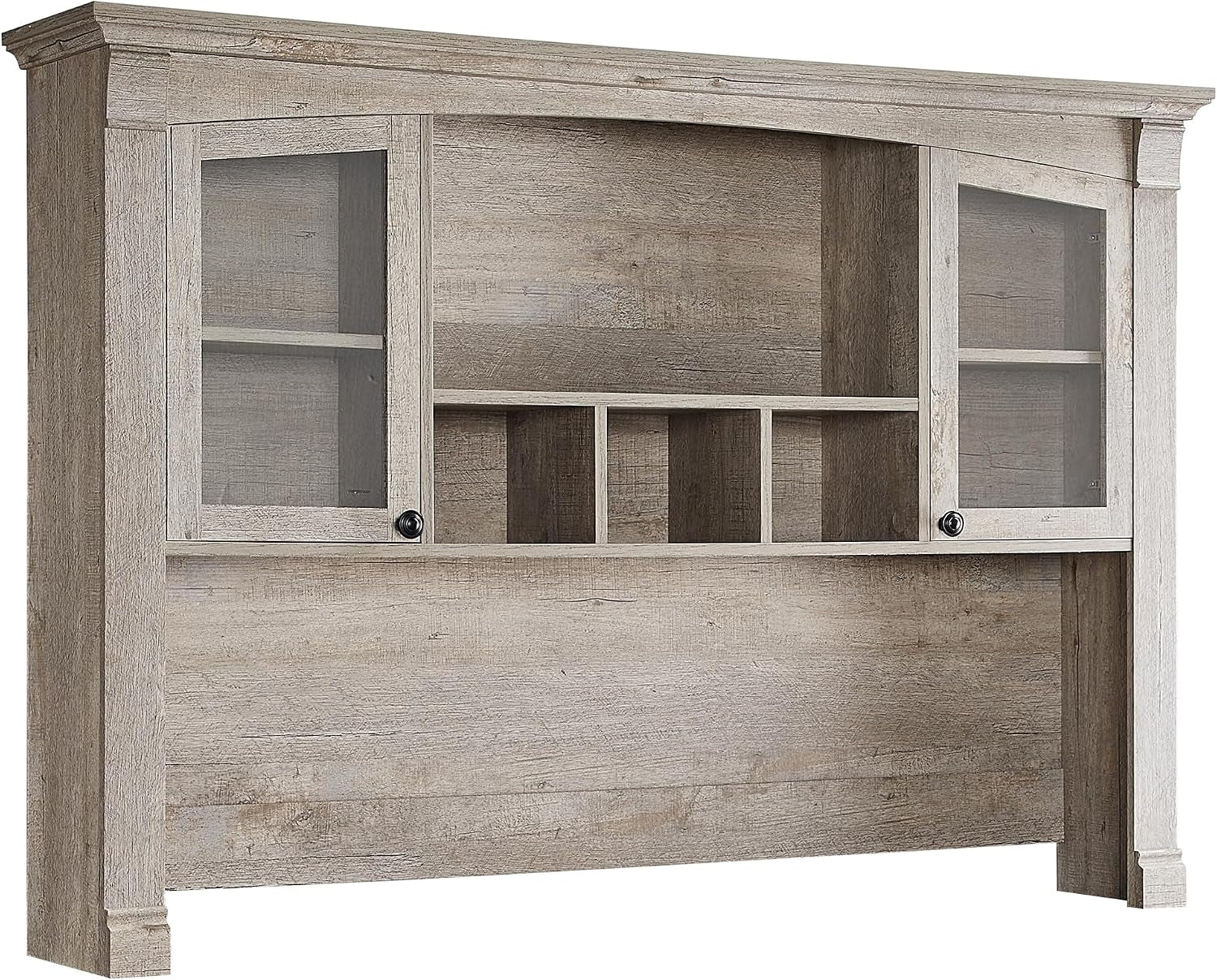 Detached hutch with glass-front cabinets and three small cubby openings in a weathered gray wood finish.