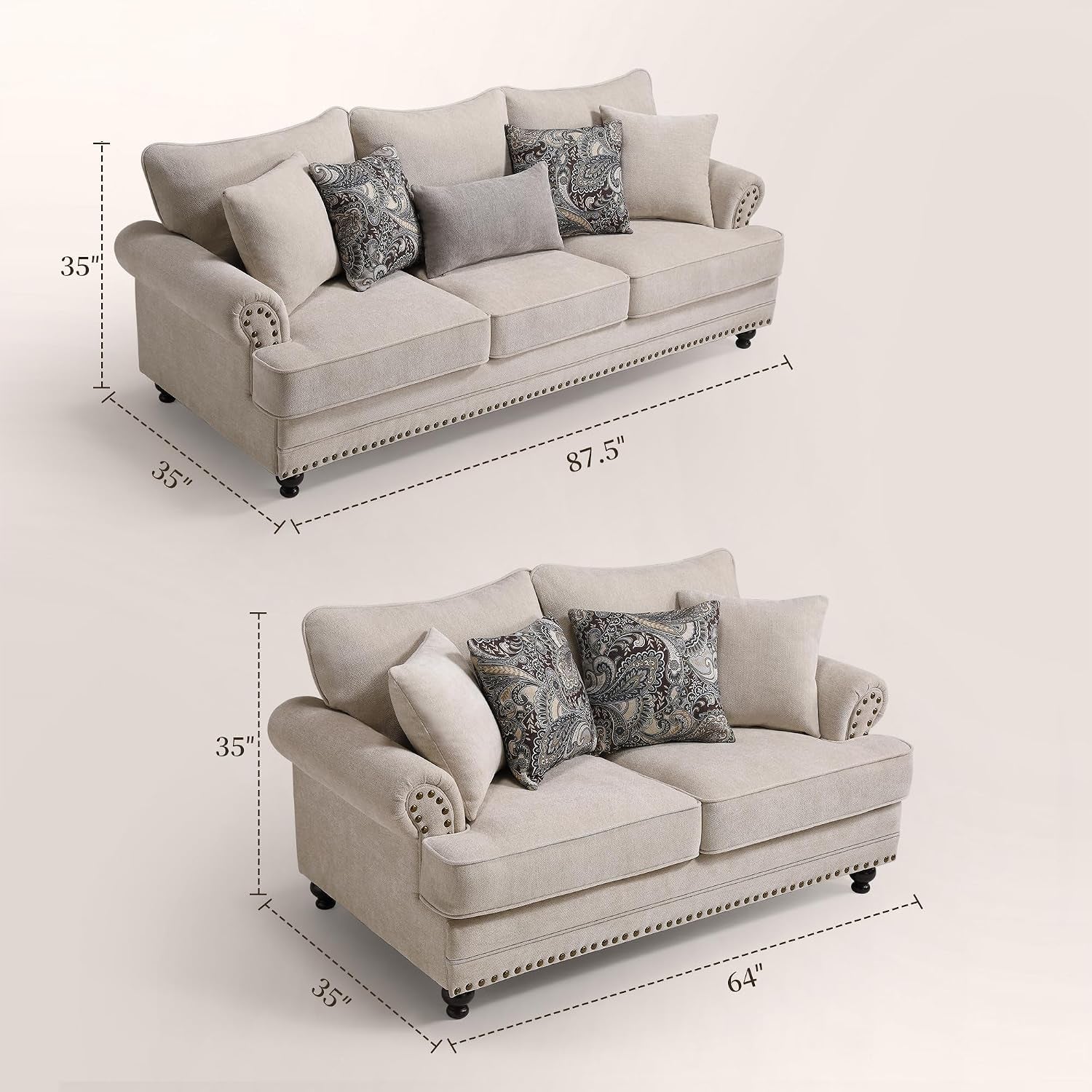 Studio layout showing sofa and loveseat with dashed dimension lines indicating 87.5" and 64" lengths