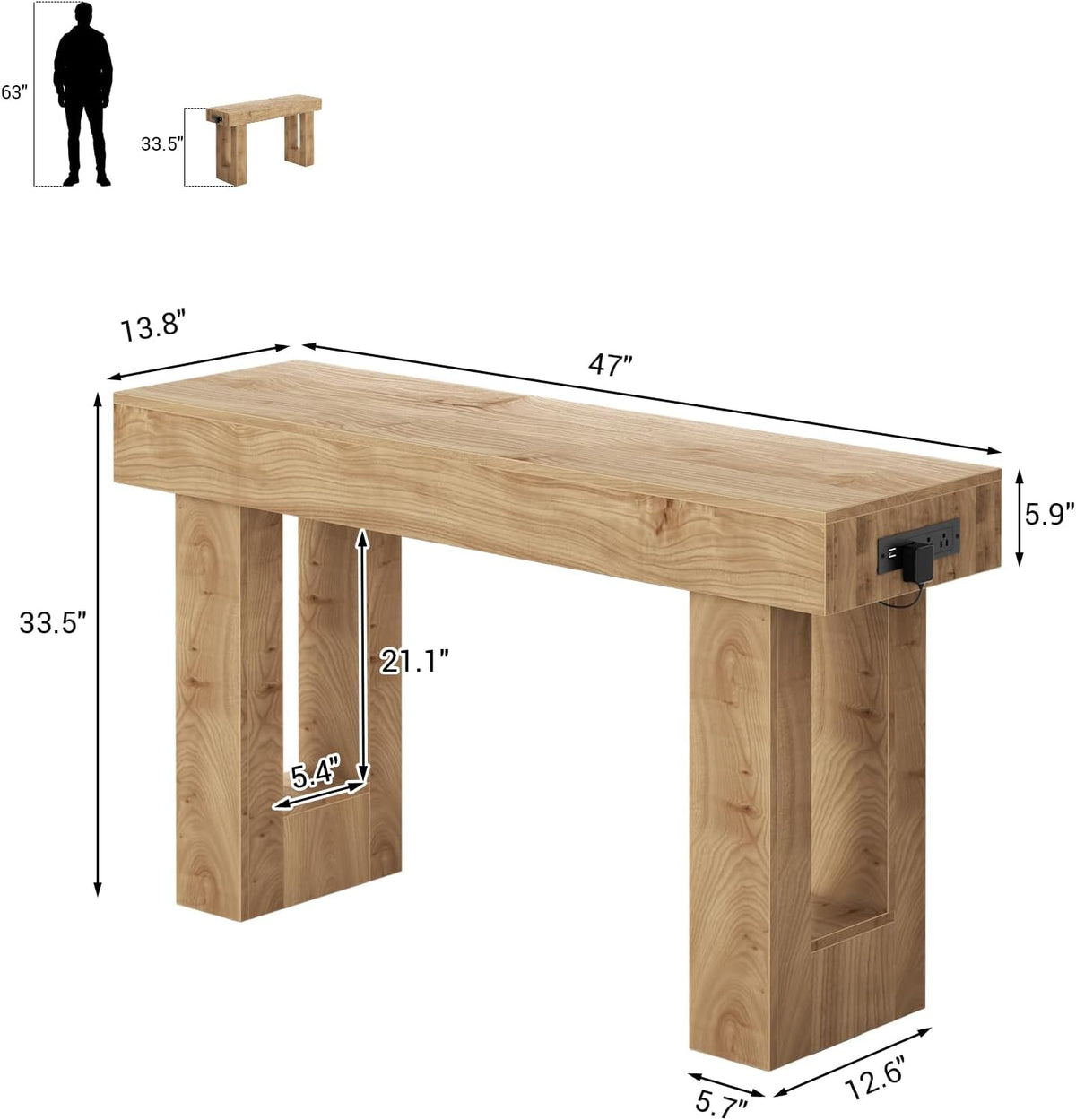 Console table dimension diagram showing 47-inch length, 33.5-inch height and internal leg opening measurements