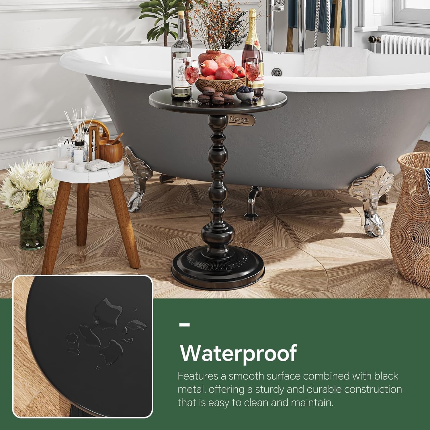Black pedestal side table shown next to a bathtub and small stool, illustrating waterproof surface claim