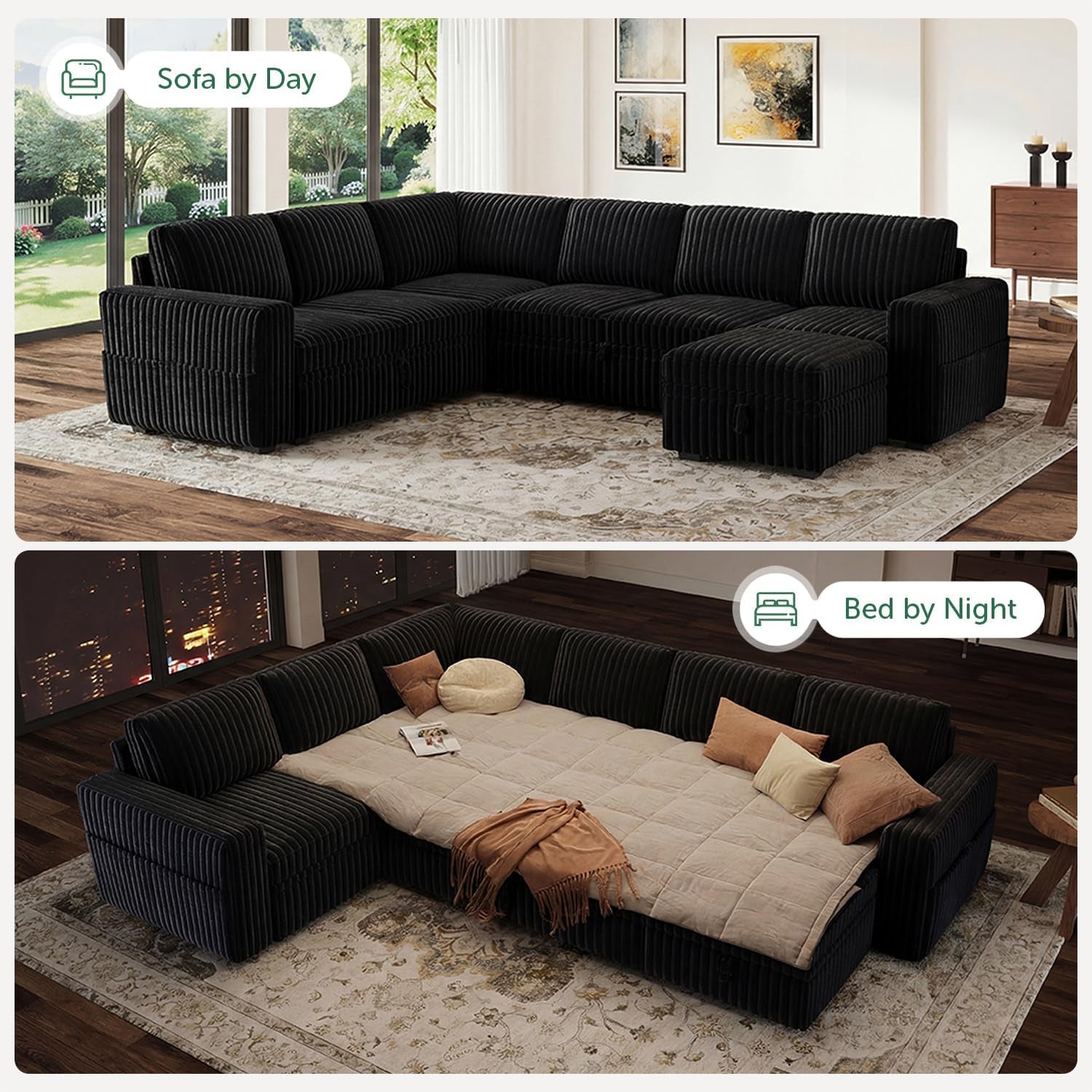 Modular Sectional Sleeper Sofa with Pull Out Bed,Corduroy U Shaped Couch with Storage, Sectional Couches for Living Room,Black