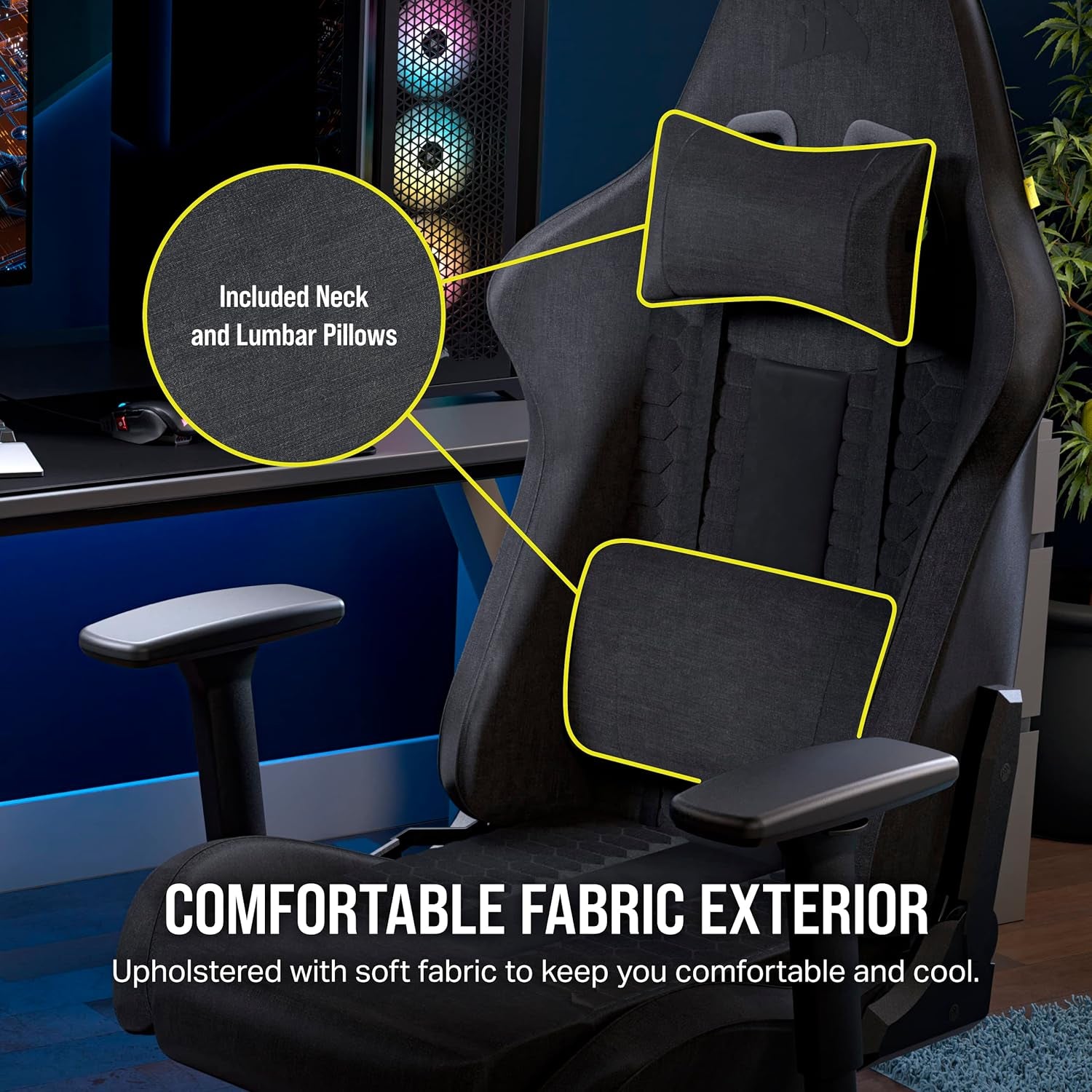 Close-up of seat back highlighting included neck and lumbar pillows on gray fabric.