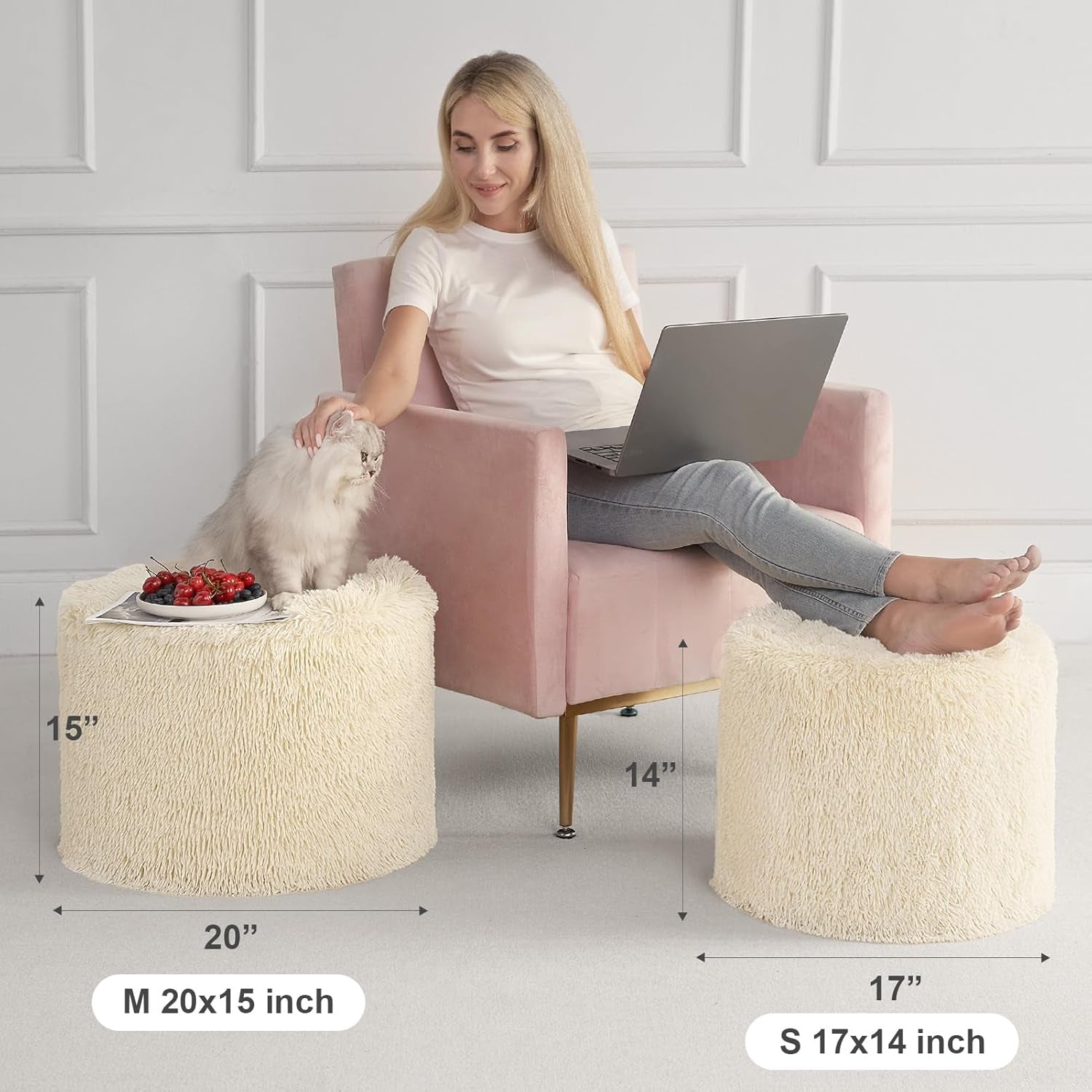 Two beige faux fur poufs showing dimensions labeled 20" x 15" and 17" x 14" beside a pink armchair