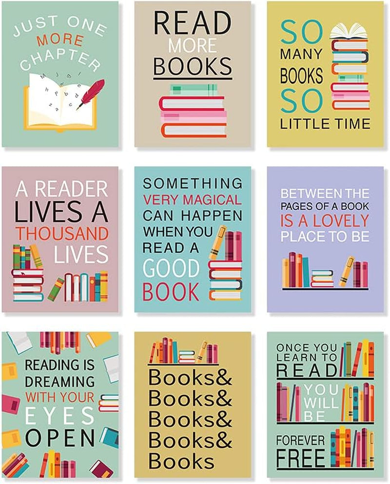 Nine colorful canvases with illustrated stacks of books and bold reading-themed typography in mint, beige, yellow and pastel
