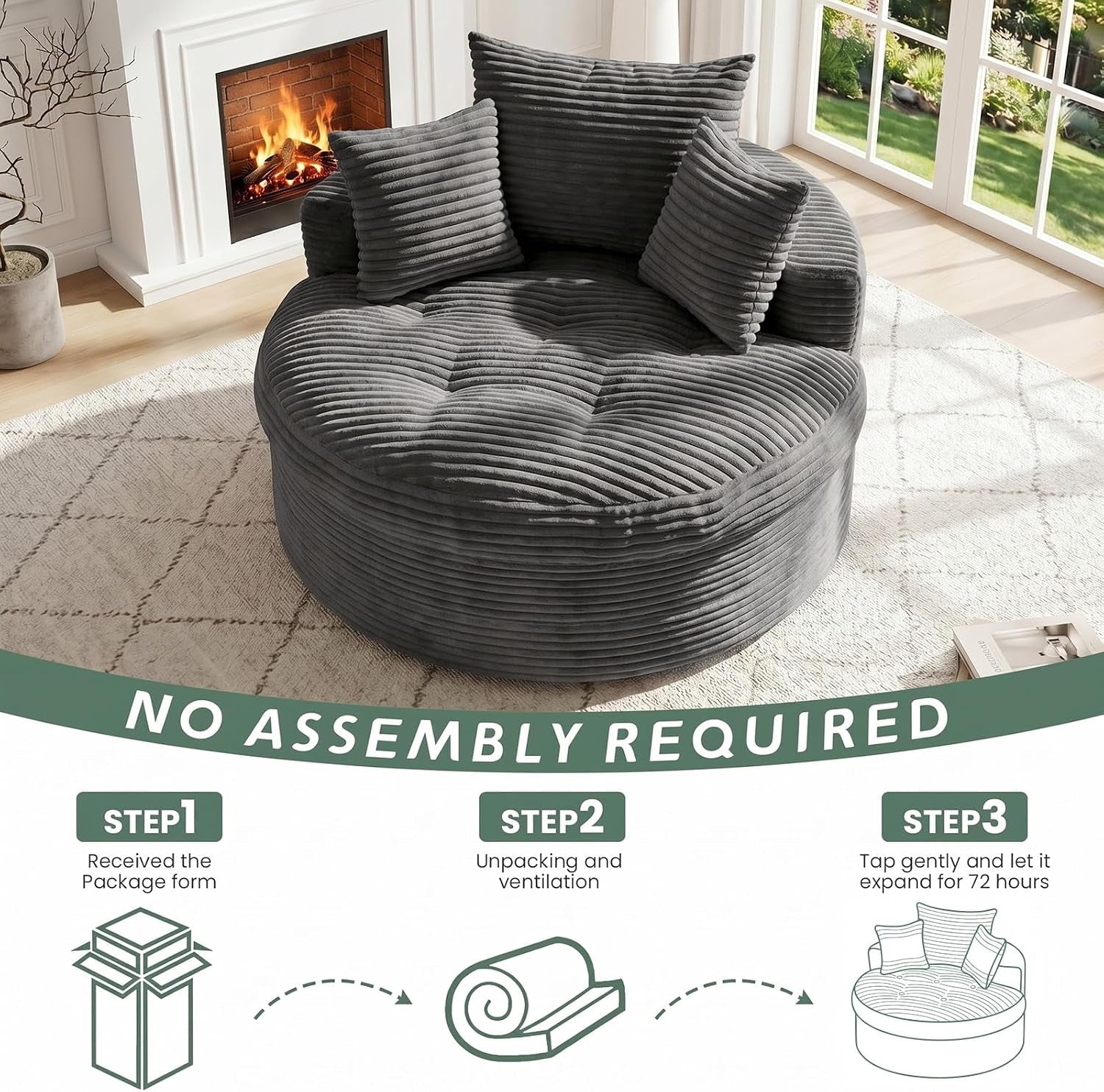 Round gray chaise in a living room by a fireplace, shown on a rug with a banner stating no assembly required and step icons