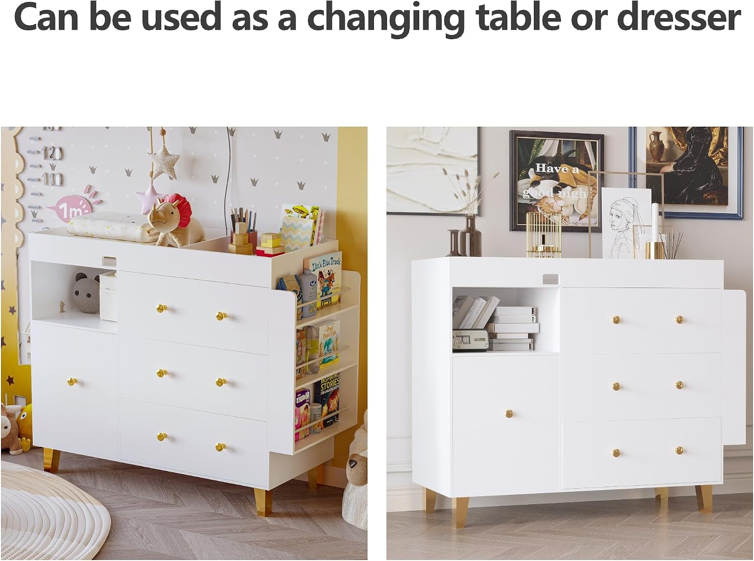 Split image: left a white changing dresser staged in a nursery with toys and books; right the same dresser styled as a clean