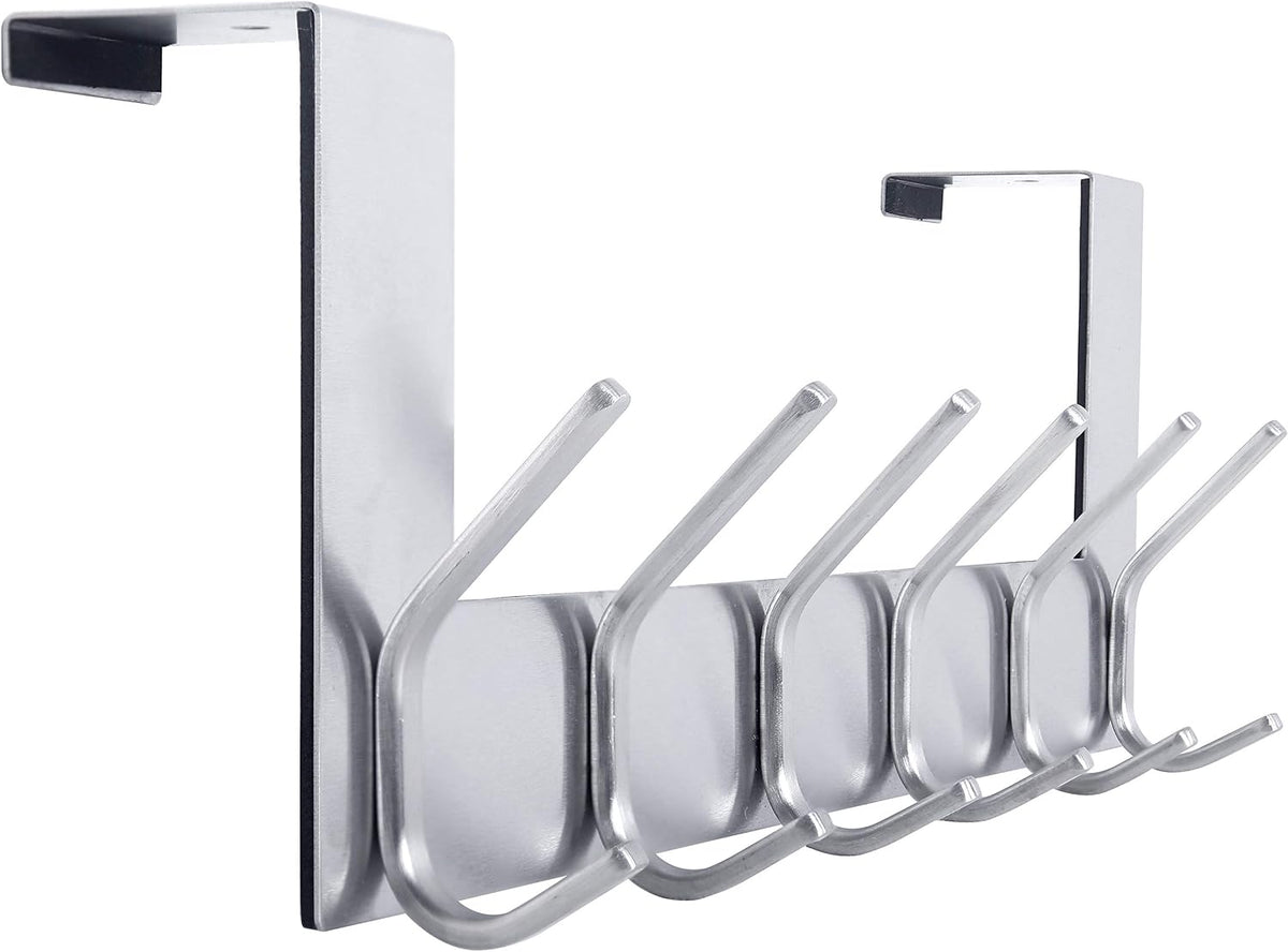 Close-up angled view of a six-hook over-the-door rack in brushed silver finish