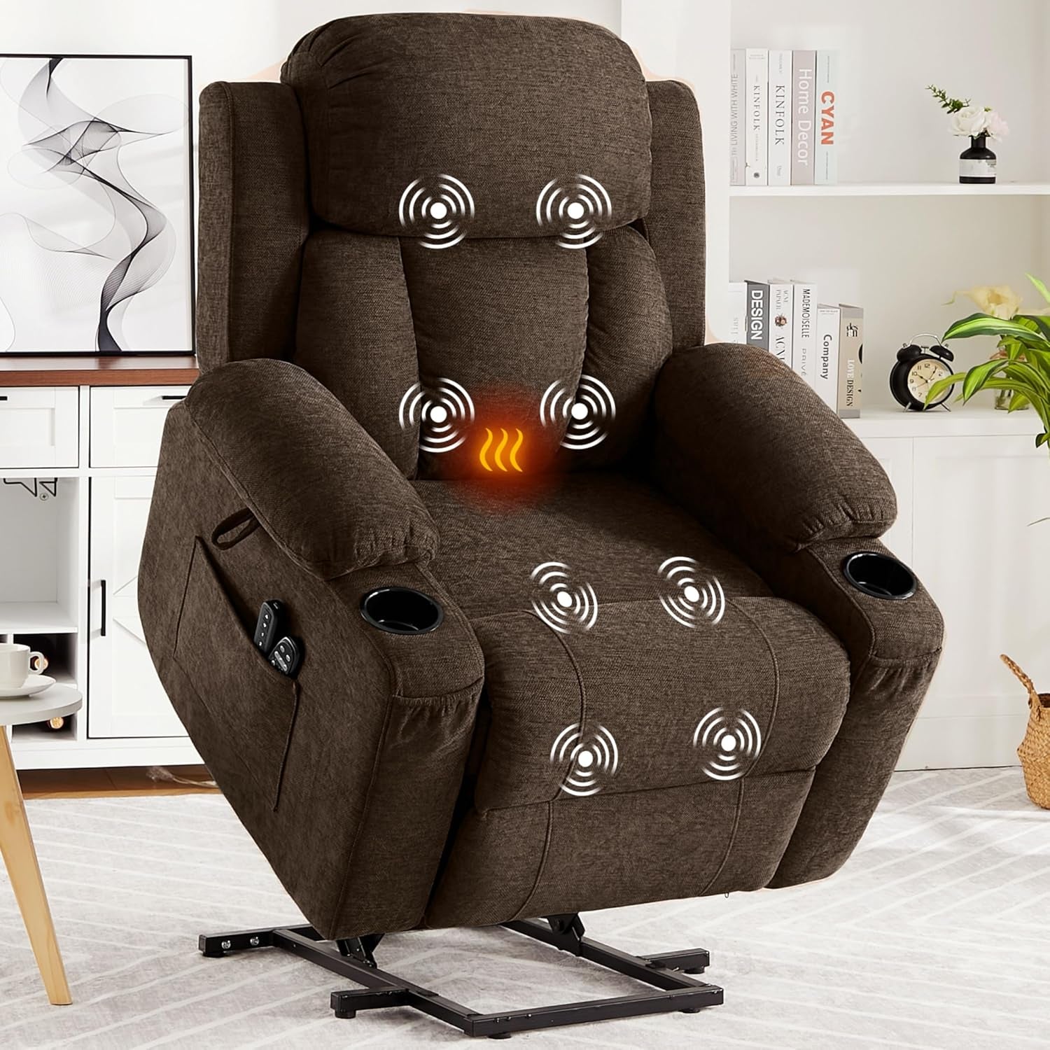 Three-quarter front view of a dark brown chenille power lift recliner partially raised in a bright living room.