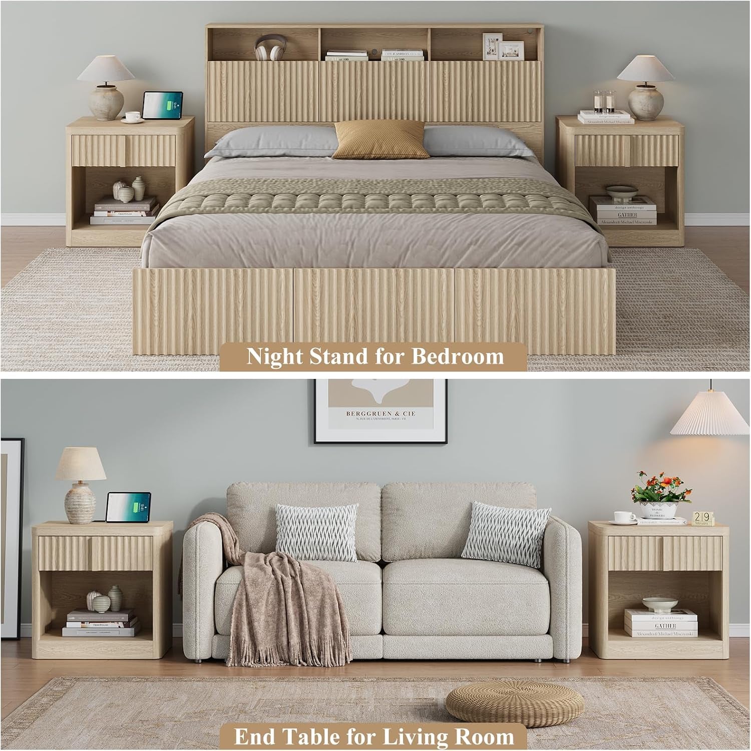 Two scenes showing the fluted nightstand used as bedside tables beside a bed and as end tables flanking a sofa in matching