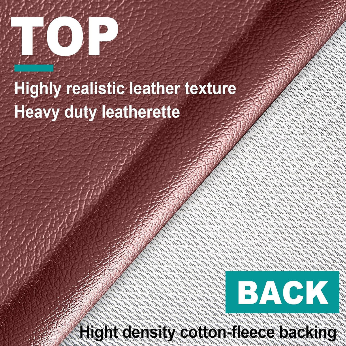 Close-up of burgundy leatherette texture folded over light woven backing with a partial teal label