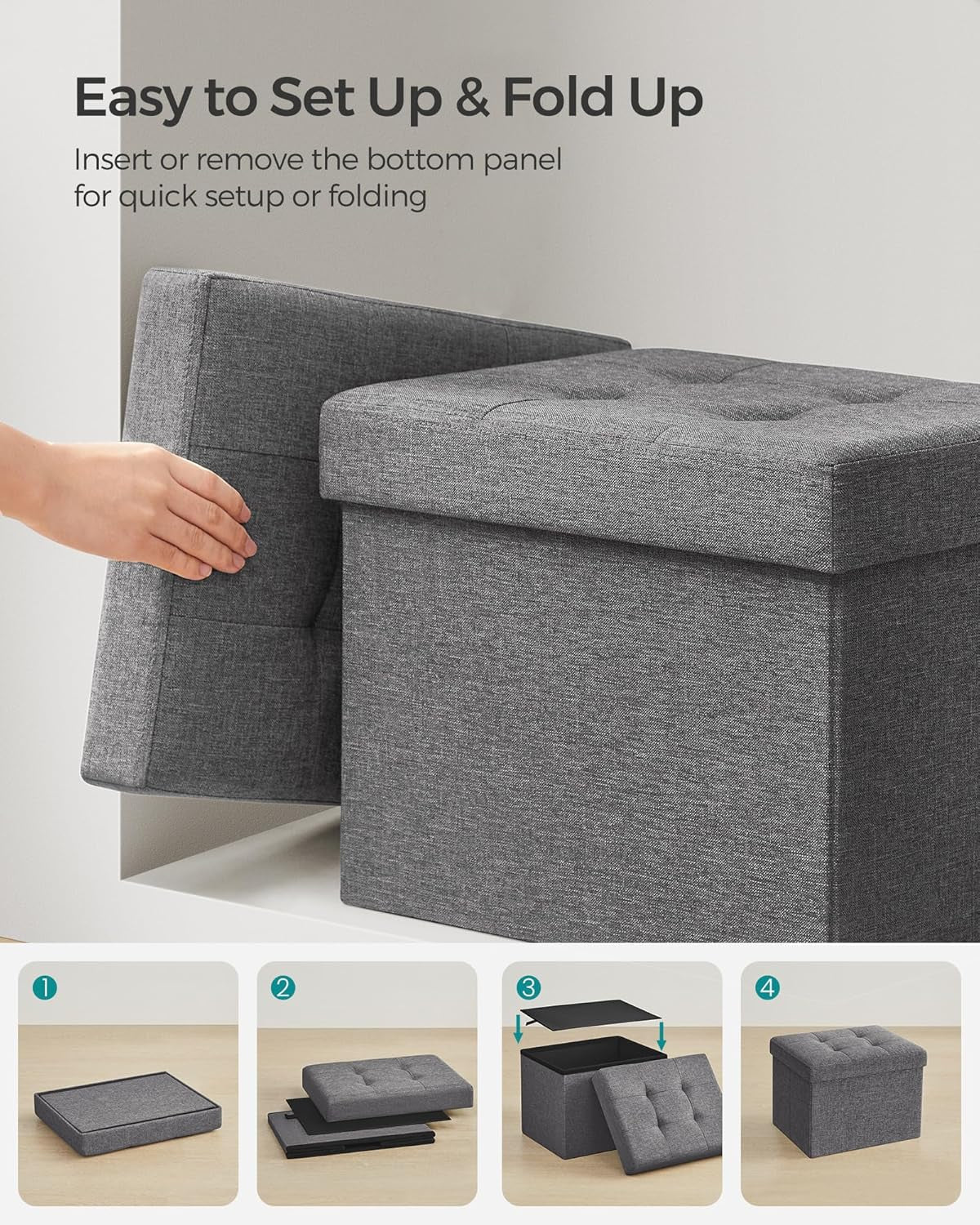 Hand removing an ottoman lid to show folding setup; four small instructional step images along the bottom.