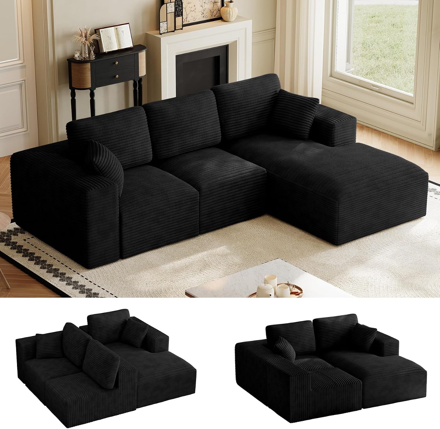 Black L-shaped modular sectional with chaise placed in a bright living room on a light rug