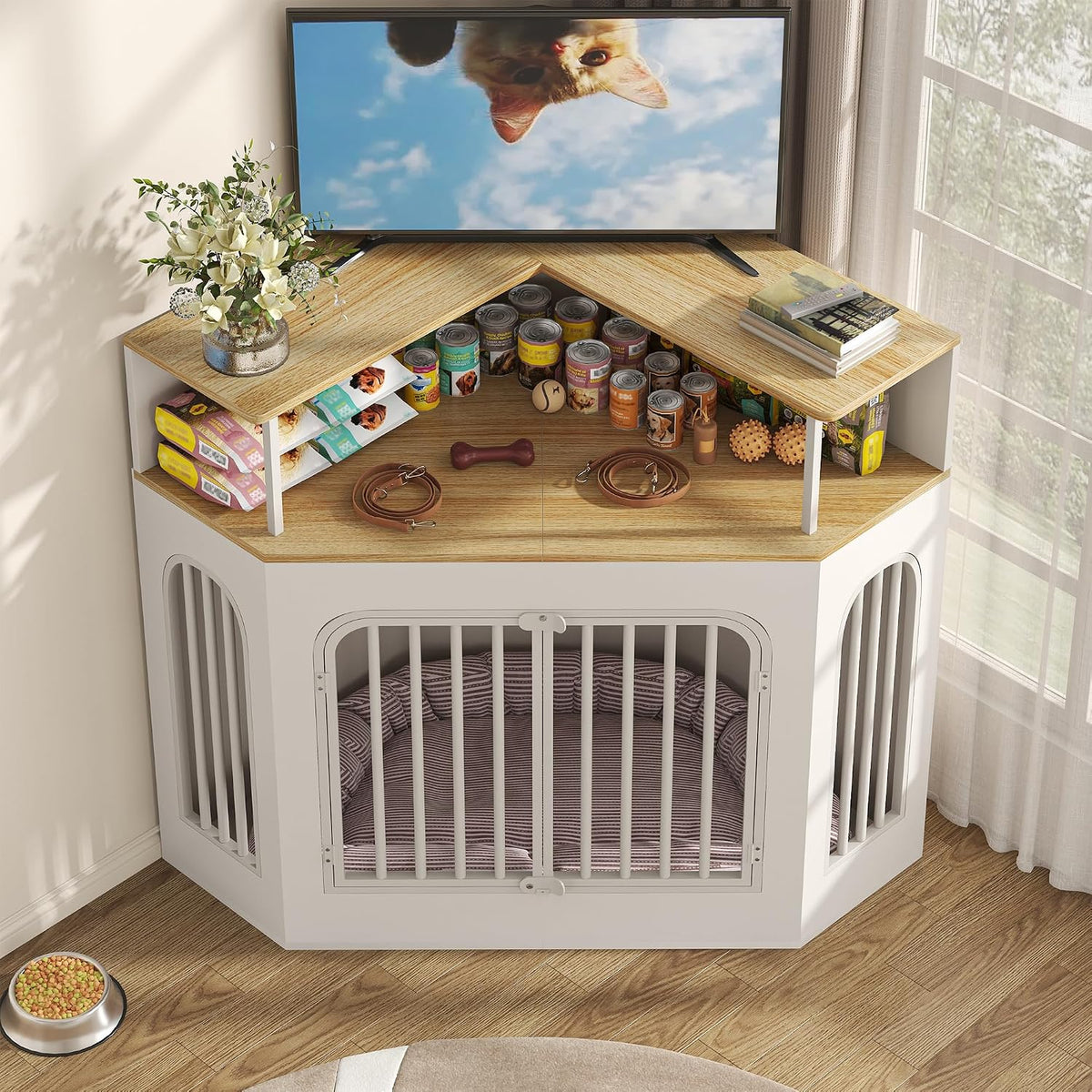 Corner dog crate with white panels, light wood top shelf and open front gate in a sunlit room.