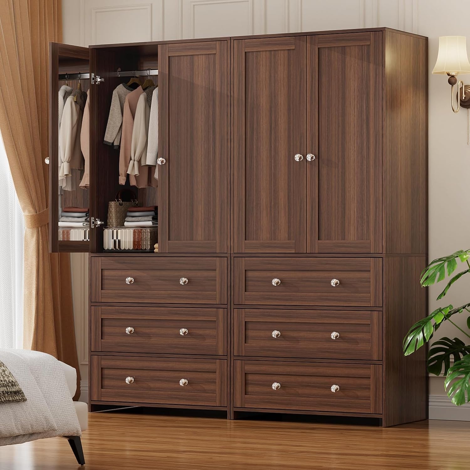 Tall brown wood wardrobe with six drawers and two upper doors, left door open showing hanging clothes and folded shelves