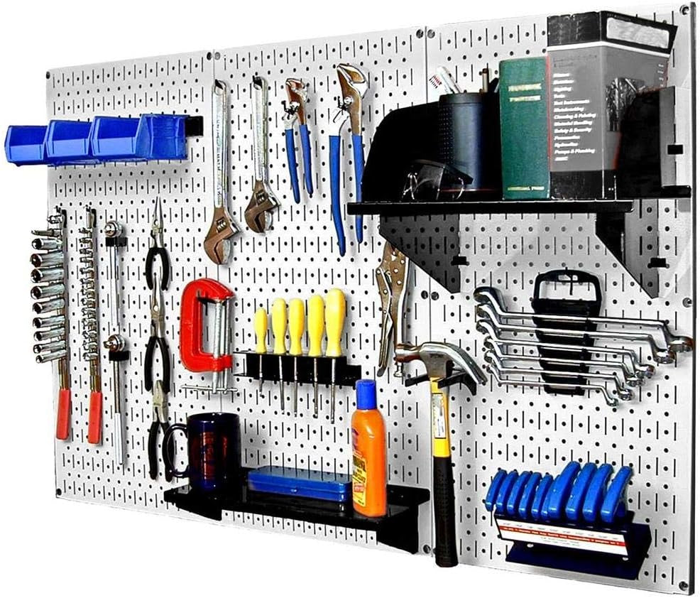 Angled silver pegboard with blue bins and shelves holding wrenches, yellow-handled screwdrivers and a hammer