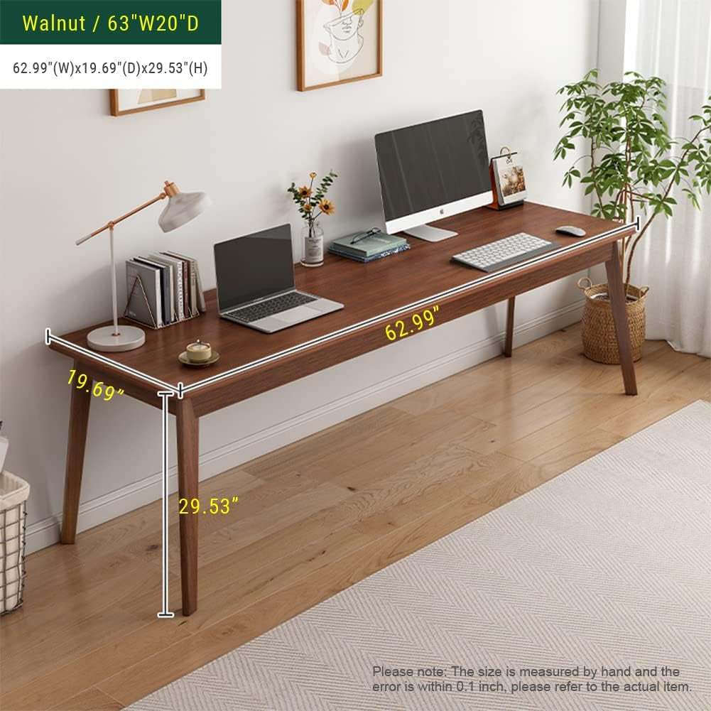 Walnut desk in a room with a dimension overlay showing 62.99" W x 19.69" D x 29.53" H