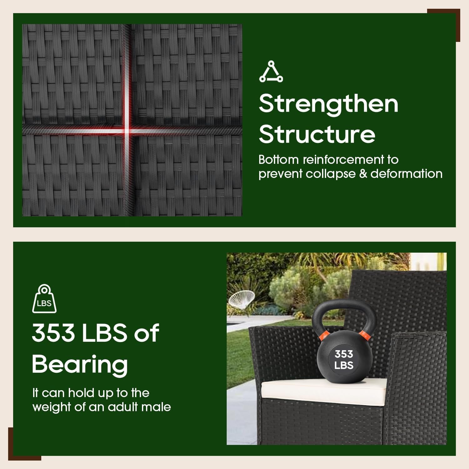 Woven rattan texture close-up above a photo of a chair with a kettlebell placed on the seat to illustrate strength